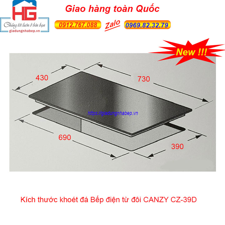 Kích thước Bếp điện từ đôi Canzy CZ 39D, Bếp từ đôi Canzy cz39d Bán tại Hà Nội giá rẻ nhất