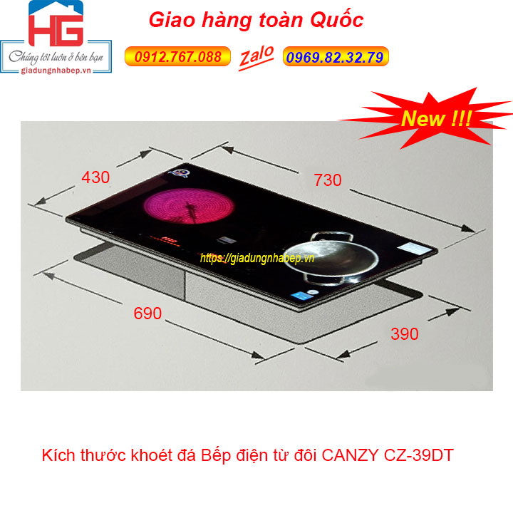 Kích thước Bếp điện từ đôi Canzy CZ 39DT, Bếp từ hồng ngoại đôi Canzy cz39dt Bán tại Hà Nội giá rẻ nhất