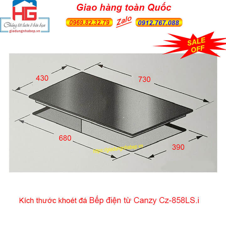 Kích thước khoét đá Bếp từ cao cấp Canzy 858LSi, Bếp từ cao cấp Canzy 858-LS.i nhập khẩu ở Hà Nội